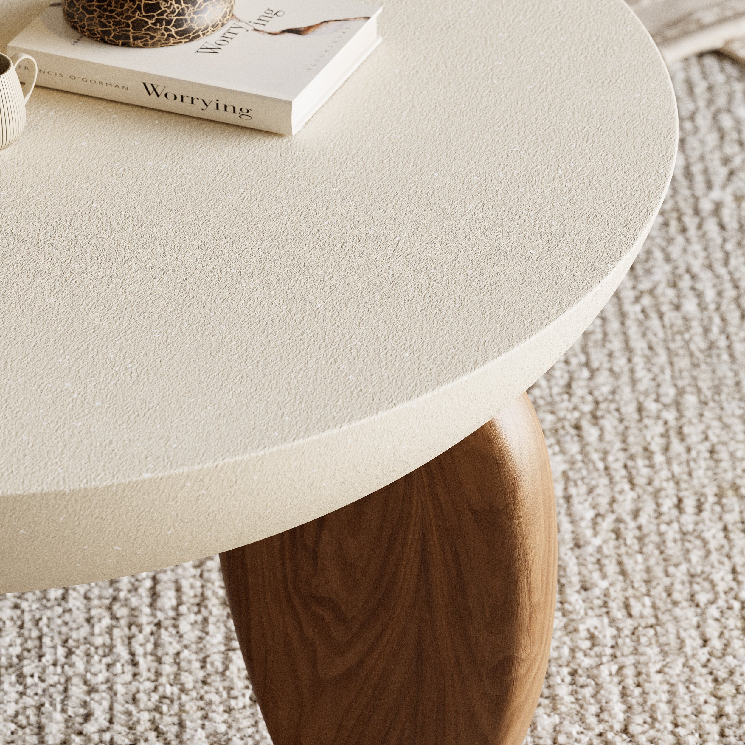 HMR Curva Round Concrete Coffee Table with Wood Legs - Beige, 29.9"W x 29.9"D x 14.4"H