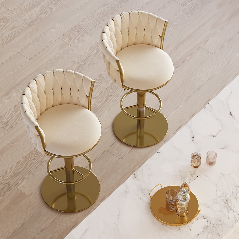 HMR Set of 2 Modern Adjustable Swivel Bar Stools or Counter Stools with Upholstery - Off-White
