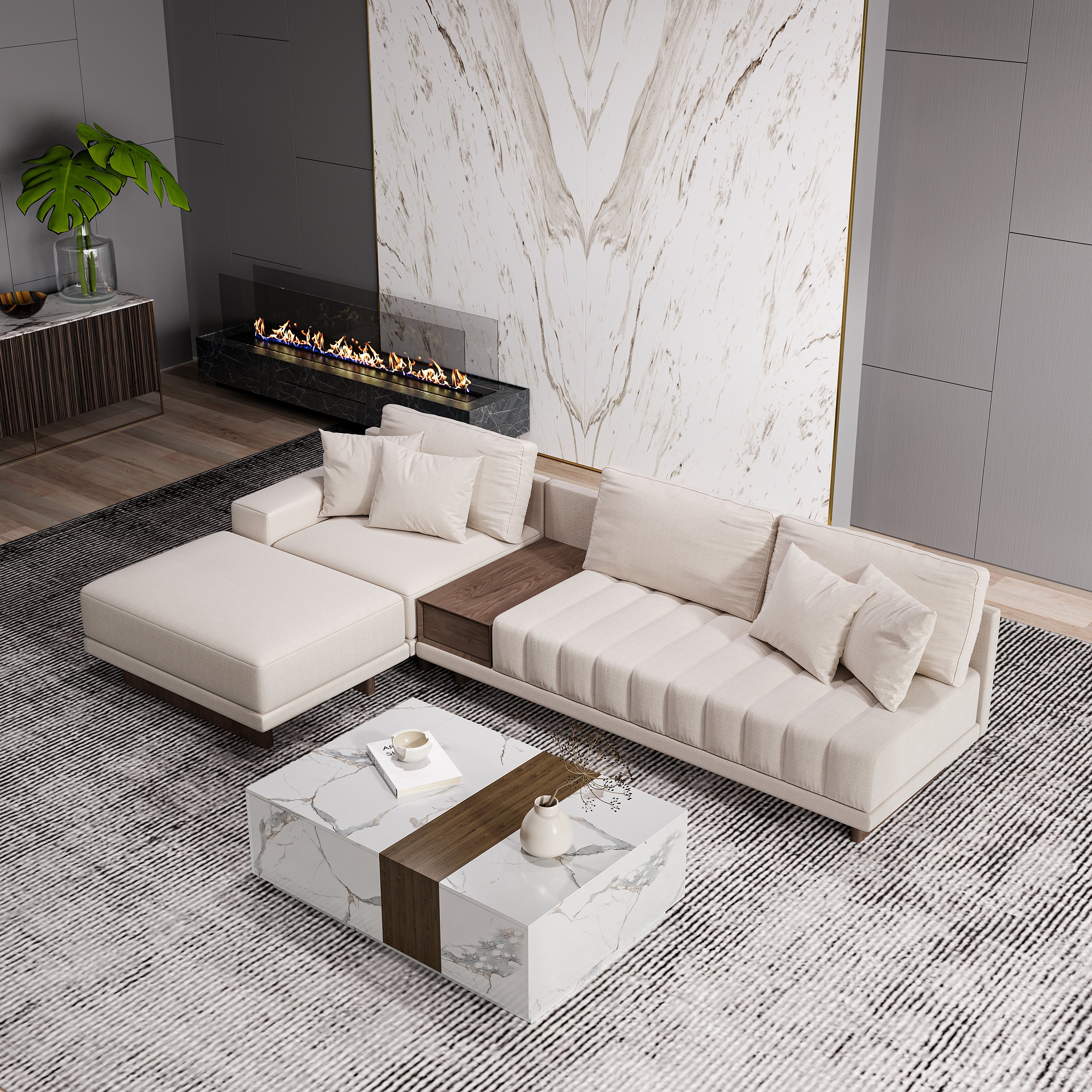 HMR - L-Shaped Modular Sectional Sofa & Square Sintered Stone Block Coffee Table