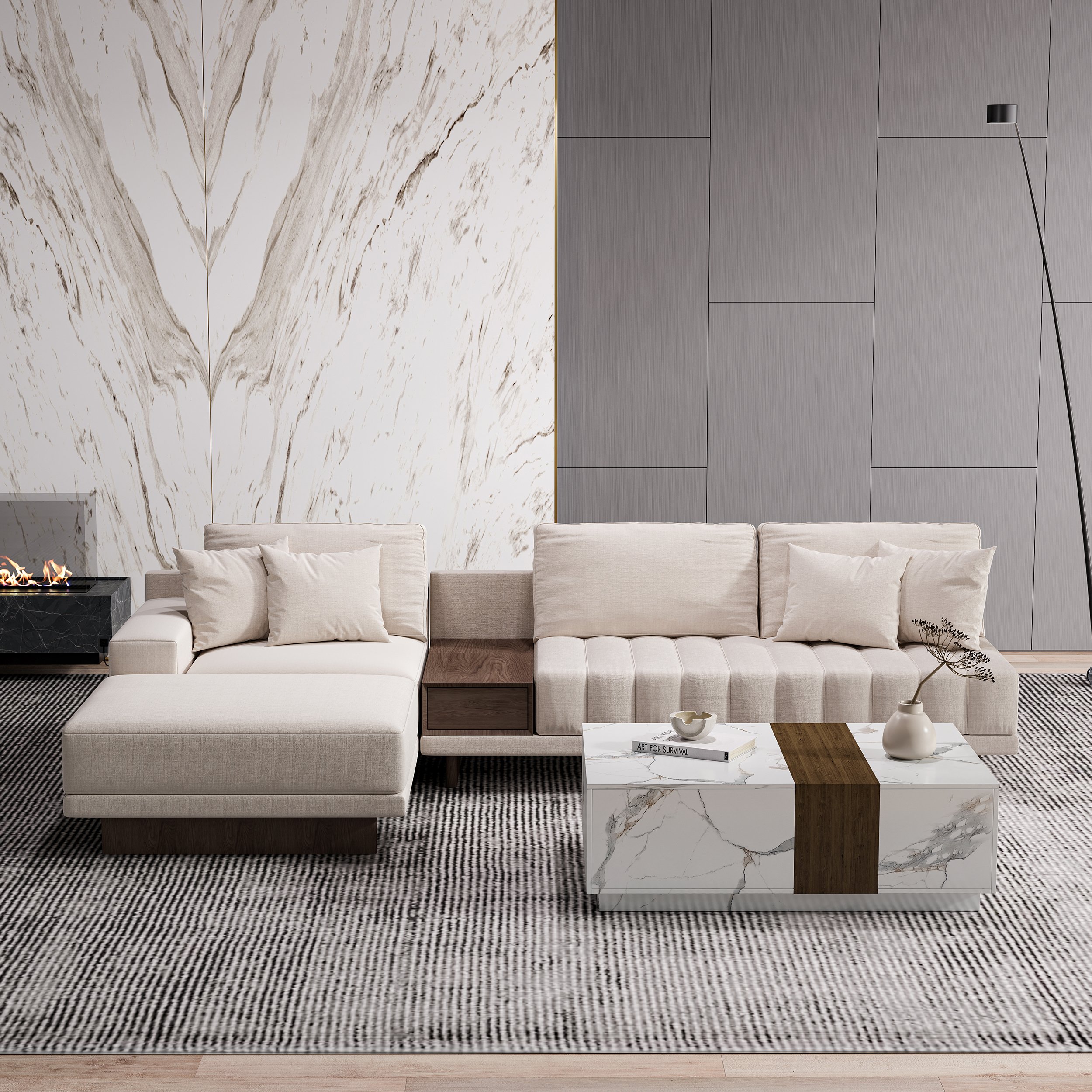 HMR L-Shaped Modular Sectional Sofa & Square Sintered Stone Block Coffee Table - White, Cotton & Linen, Style B