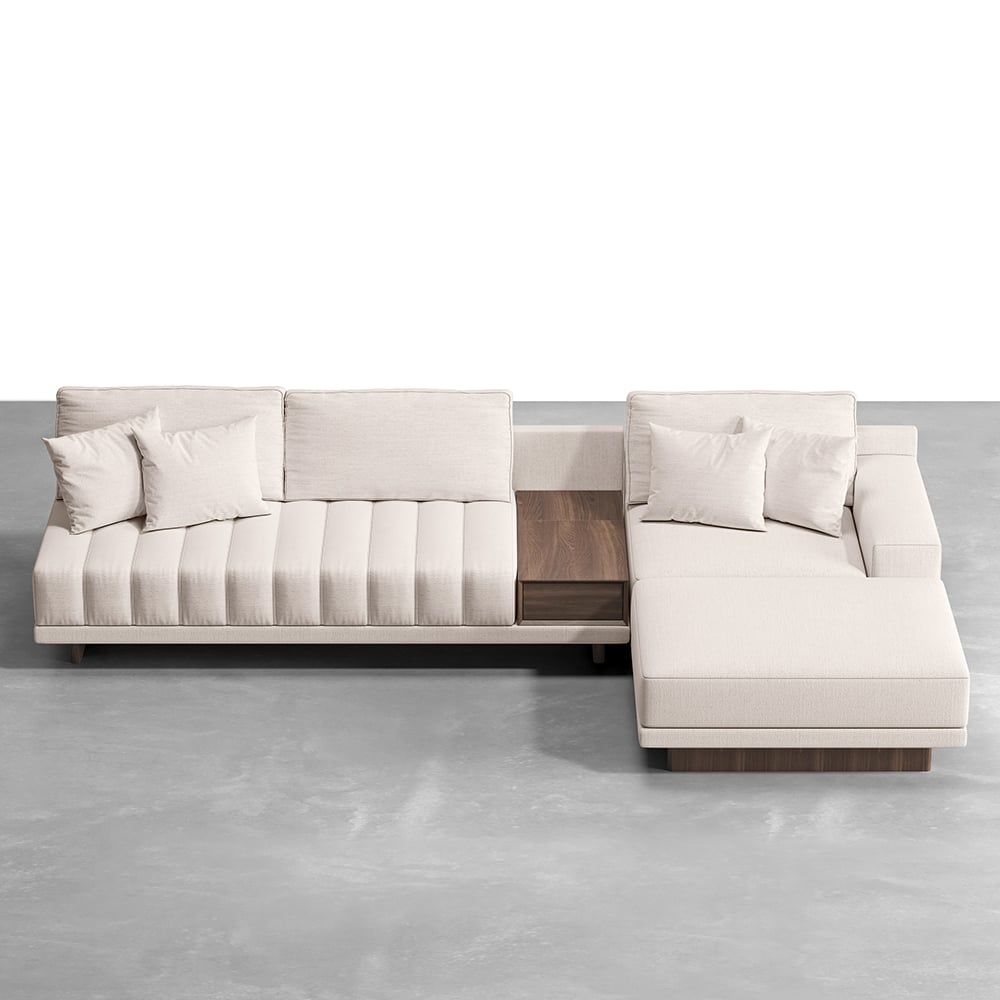 HMR L-Shaped Modular Sectional Sofa & Square Sintered Stone Block Coffee Table - White, Cotton & Linen, Style B
