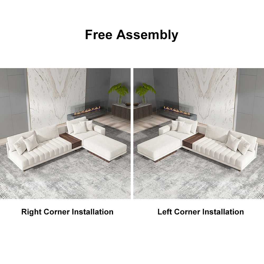 HMR L-Shaped Modular Sectional Sofa & Square Sintered Stone Block Coffee Table - White, Cotton & Linen, Style B
