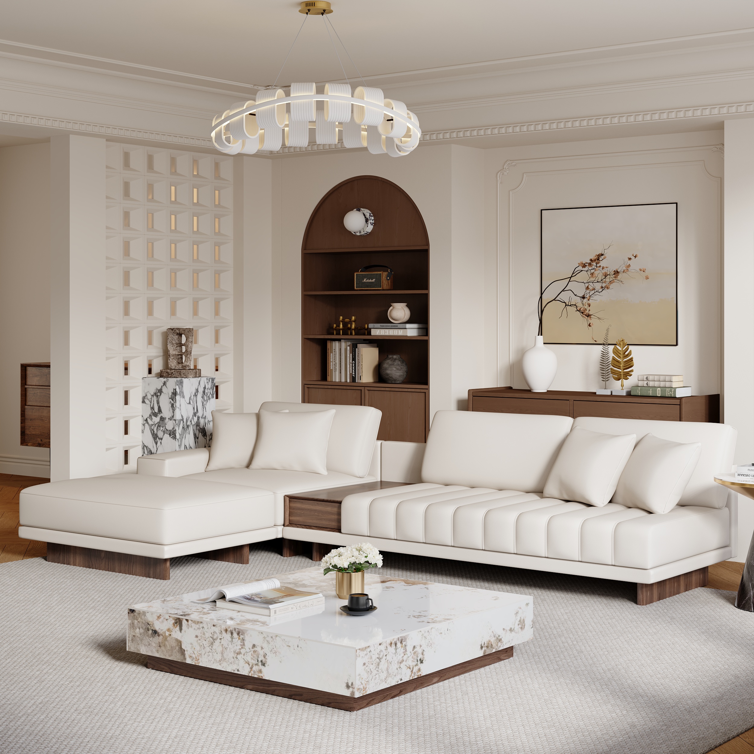 HMR L-Shaped Modular Sectional Sofa & Square Sintered Stone Block Coffee Table - White, Microfiber Leather, Style D