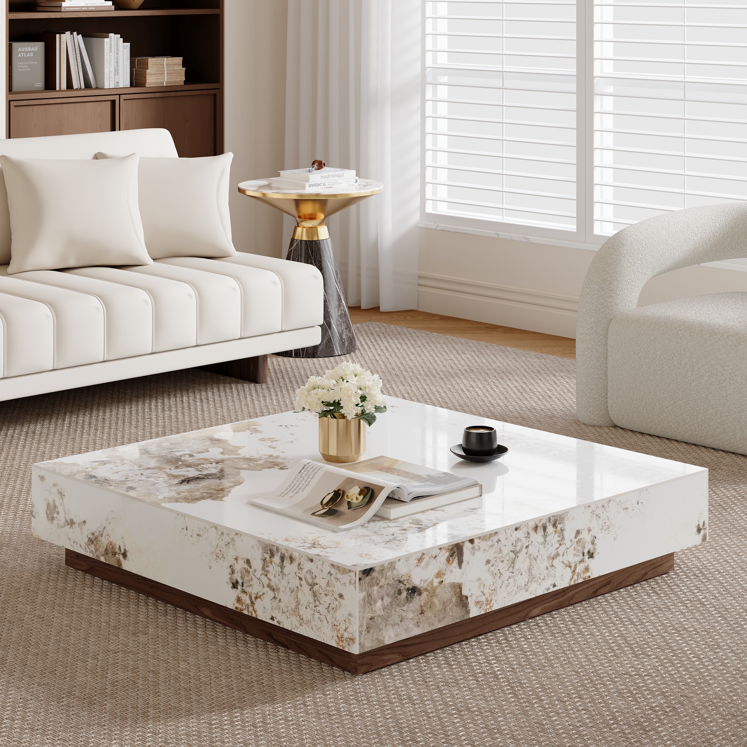 HMR L-Shaped Modular Sectional Sofa & Square Sintered Stone Block Coffee Table - White, Microfiber Leather, Style D