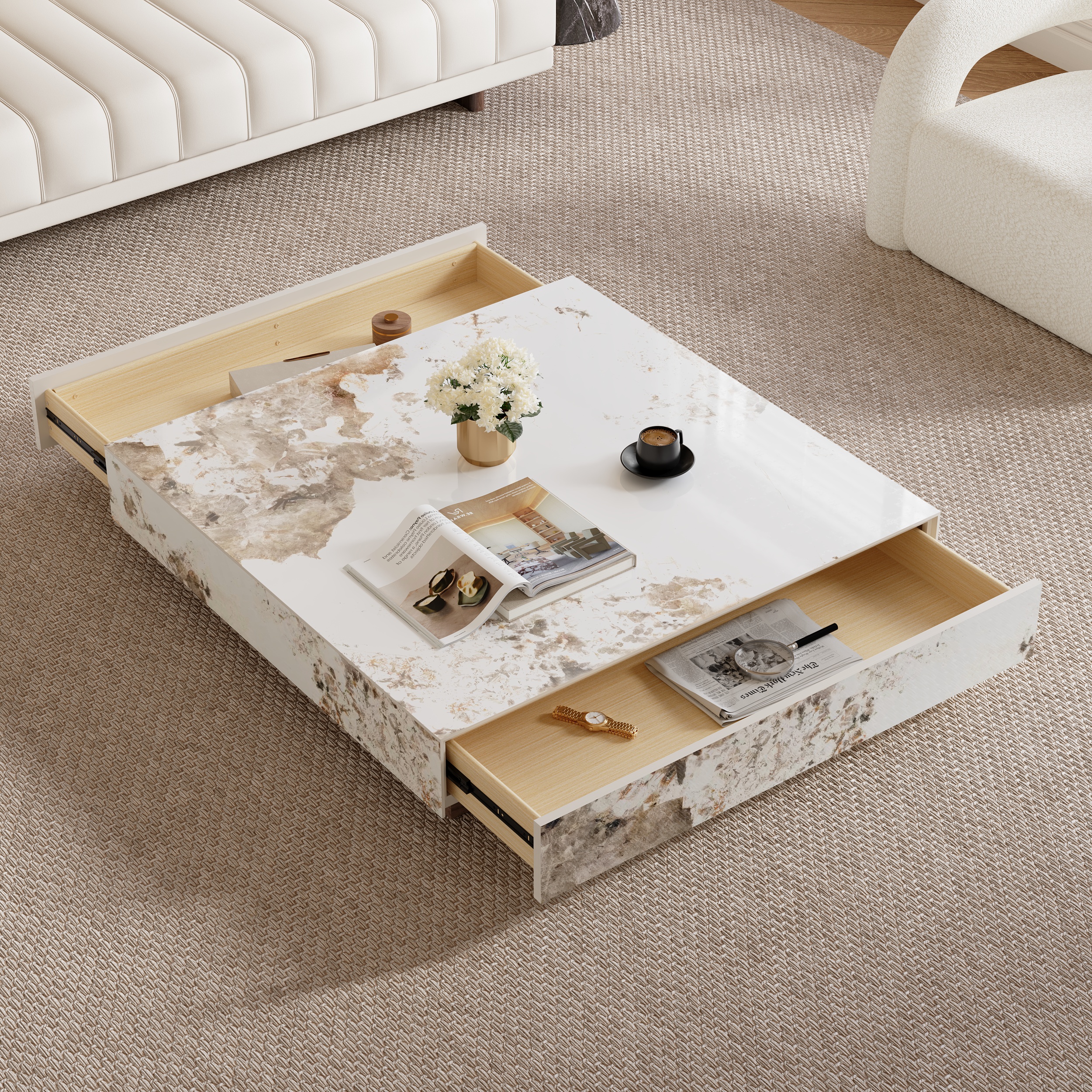 HMR L-Shaped Modular Sectional Sofa & Square Sintered Stone Block Coffee Table - White, Microfiber Leather, Style D