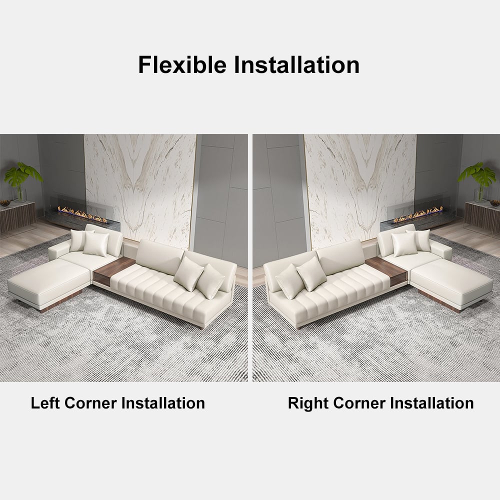 HMR L-Shaped Modular Sectional Sofa & Square Sintered Stone Block Coffee Table - White, Microfiber Leather, Style D