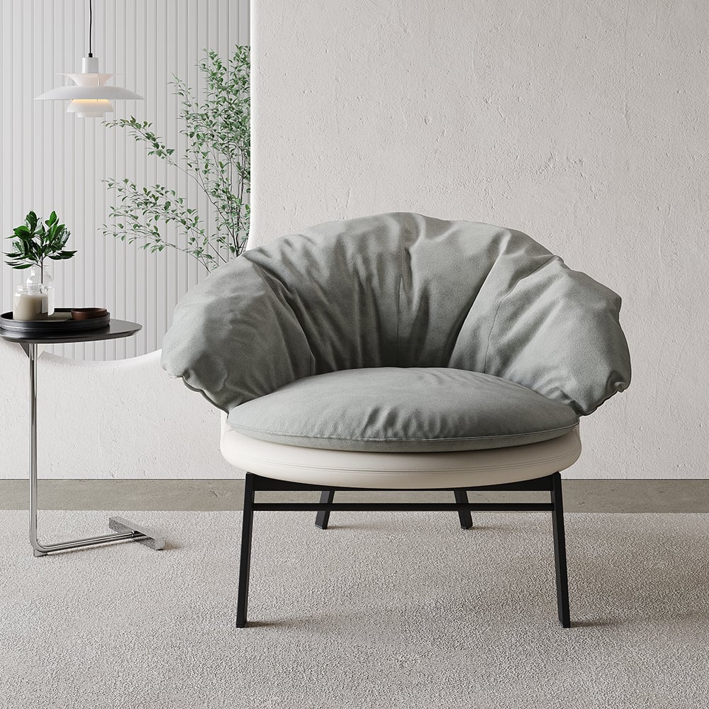 HMR - Gray & Beige Cloud Accent Chair Velvet & PU leather Lounge Chair with Padded Cushion