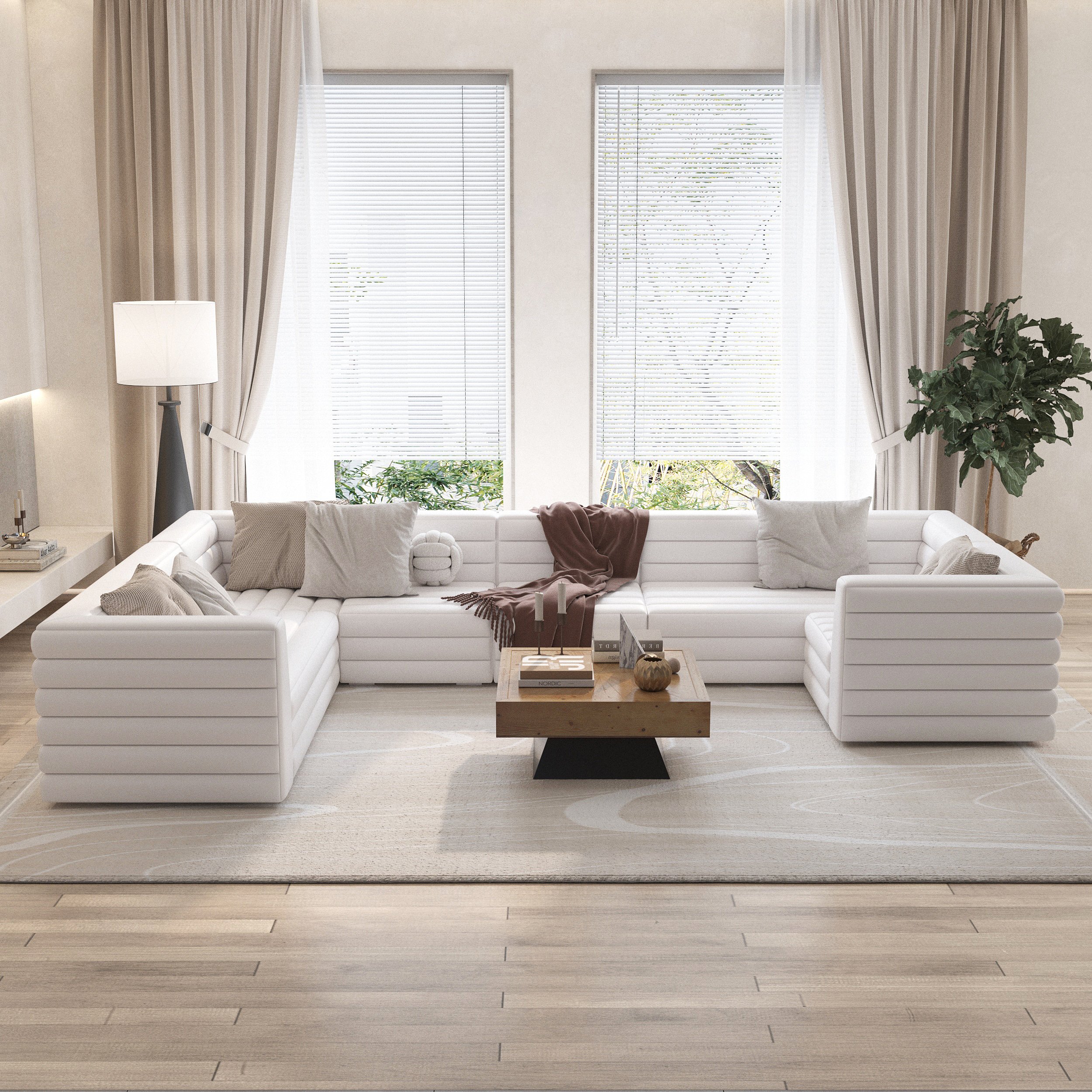 HMR 126" U-Shaped Modern Modular Sectional Sofa for 8 Seaters - White, Microfiber Leather