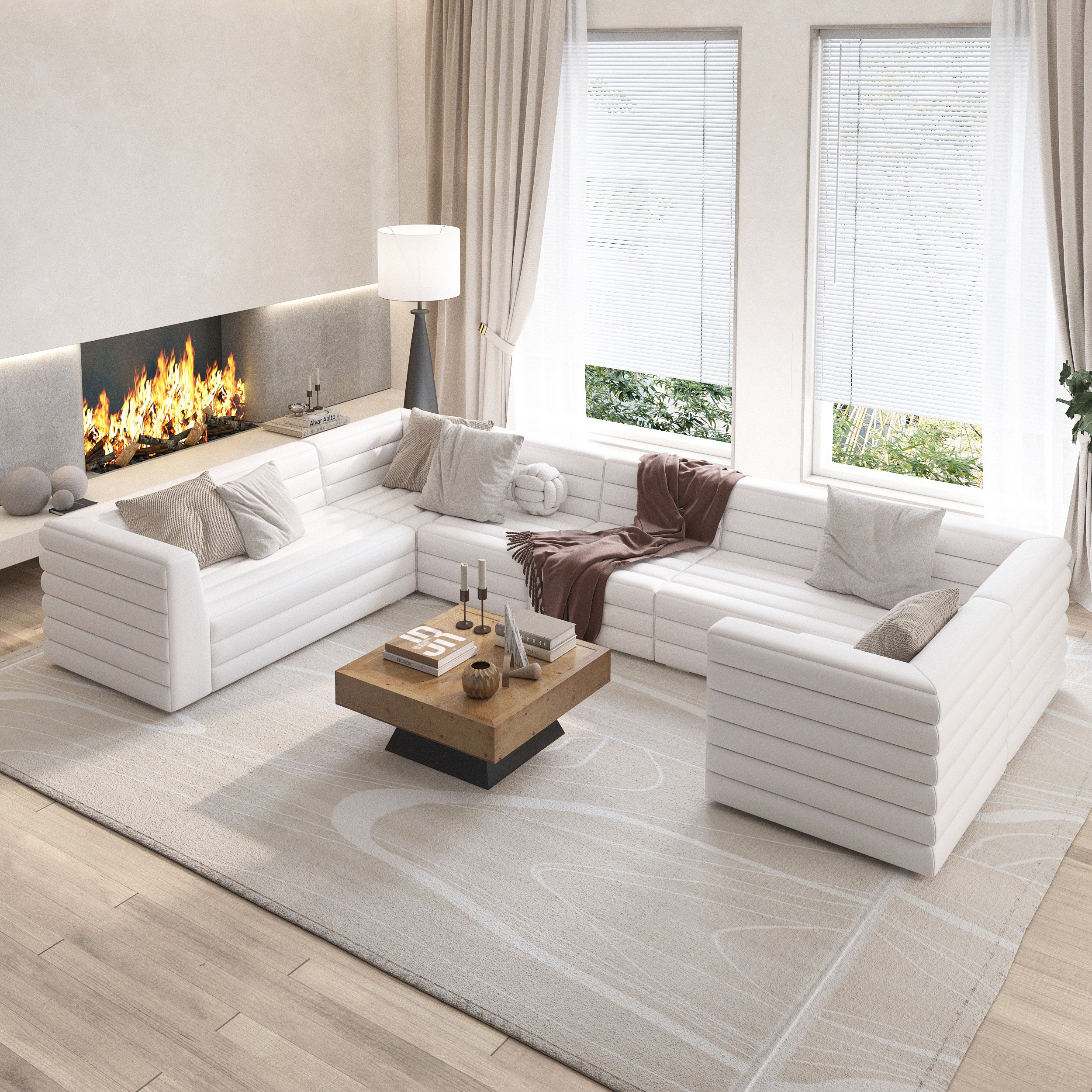 HMR 126" U-Shaped Modern Modular Sectional Sofa for 8 Seaters - White, Microfiber Leather