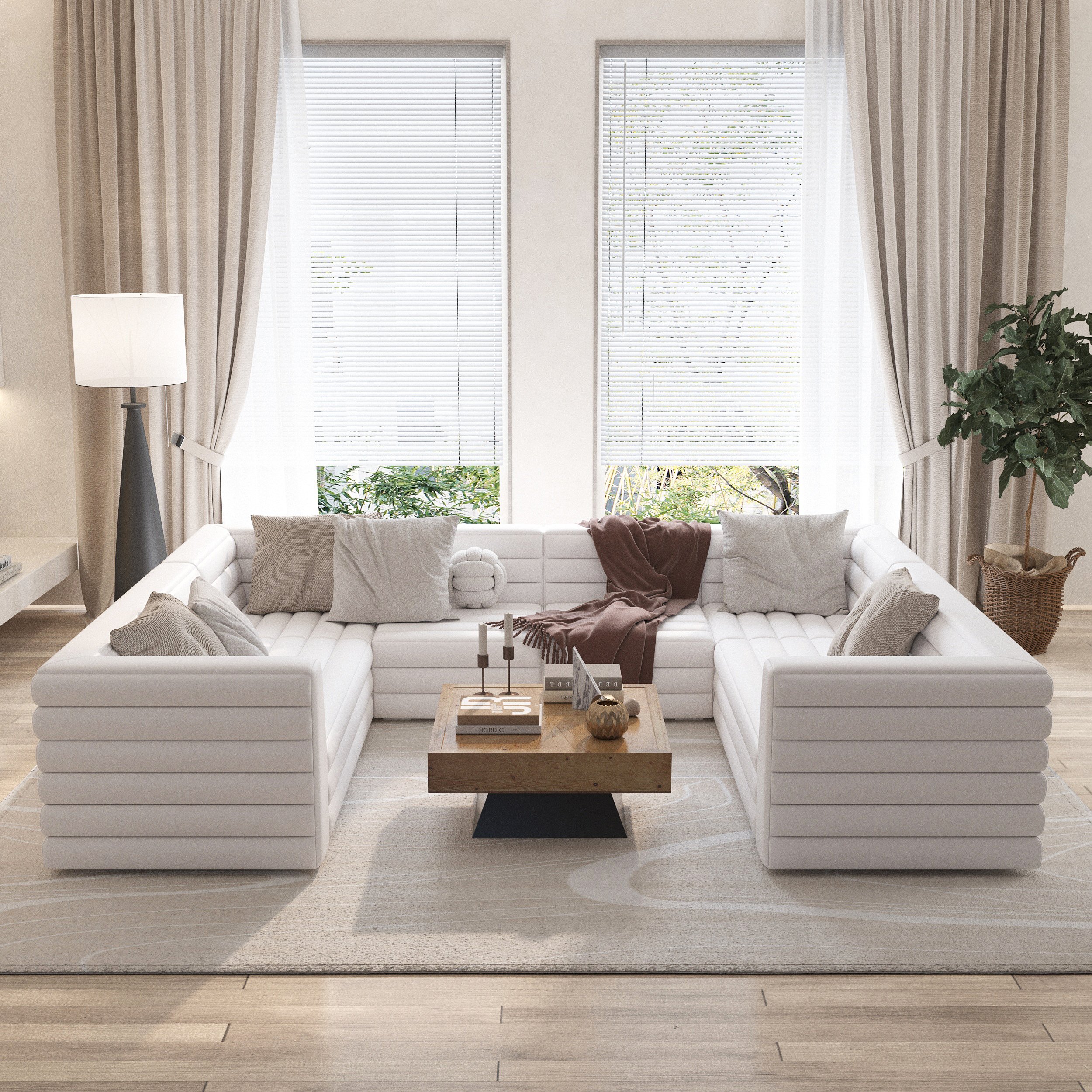 HMR 126" U-Shaped Modern Modular Sectional Sofa for 8 Seaters - White, Microfiber Leather