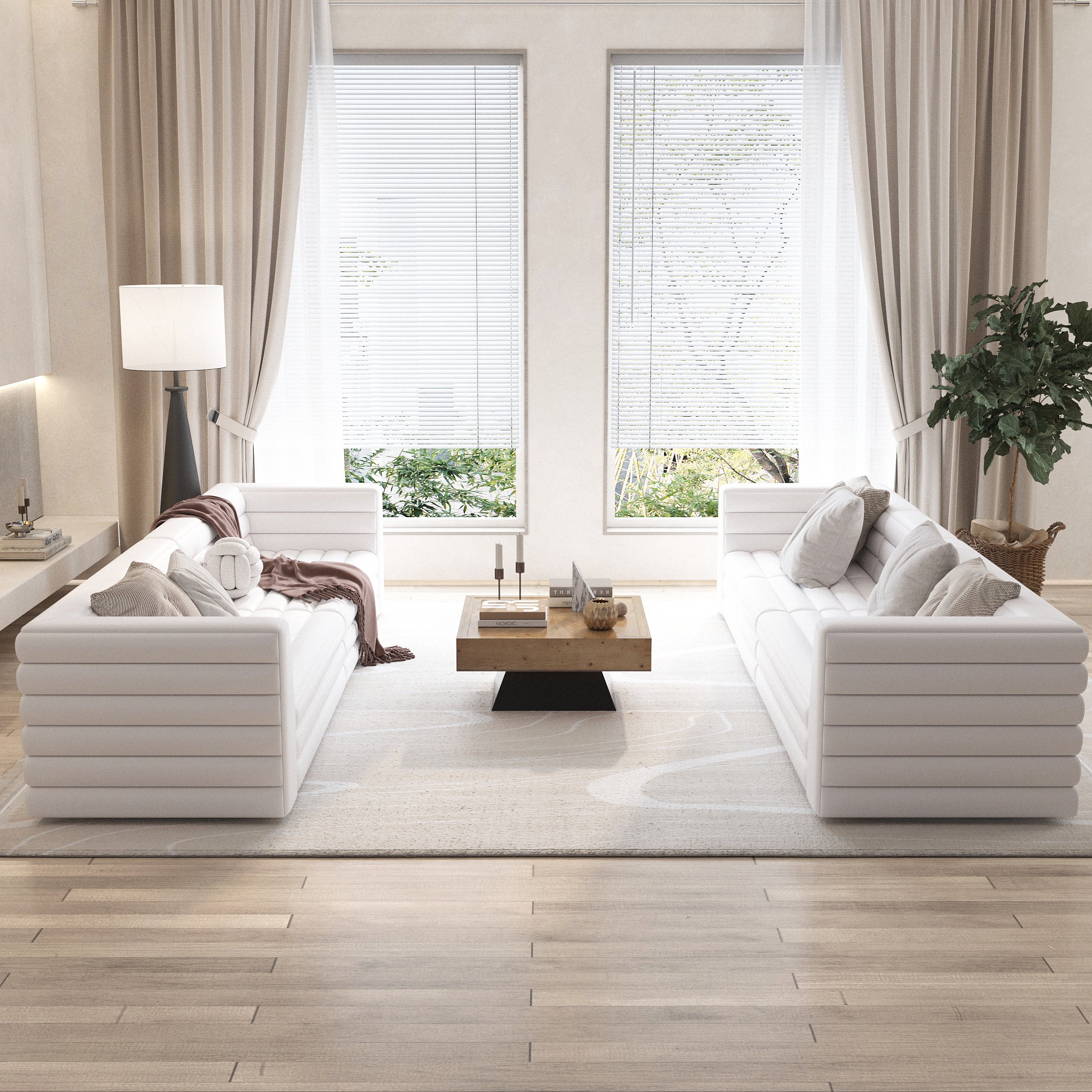 HMR 126" U-Shaped Modern Modular Sectional Sofa for 8 Seaters - White, Microfiber Leather