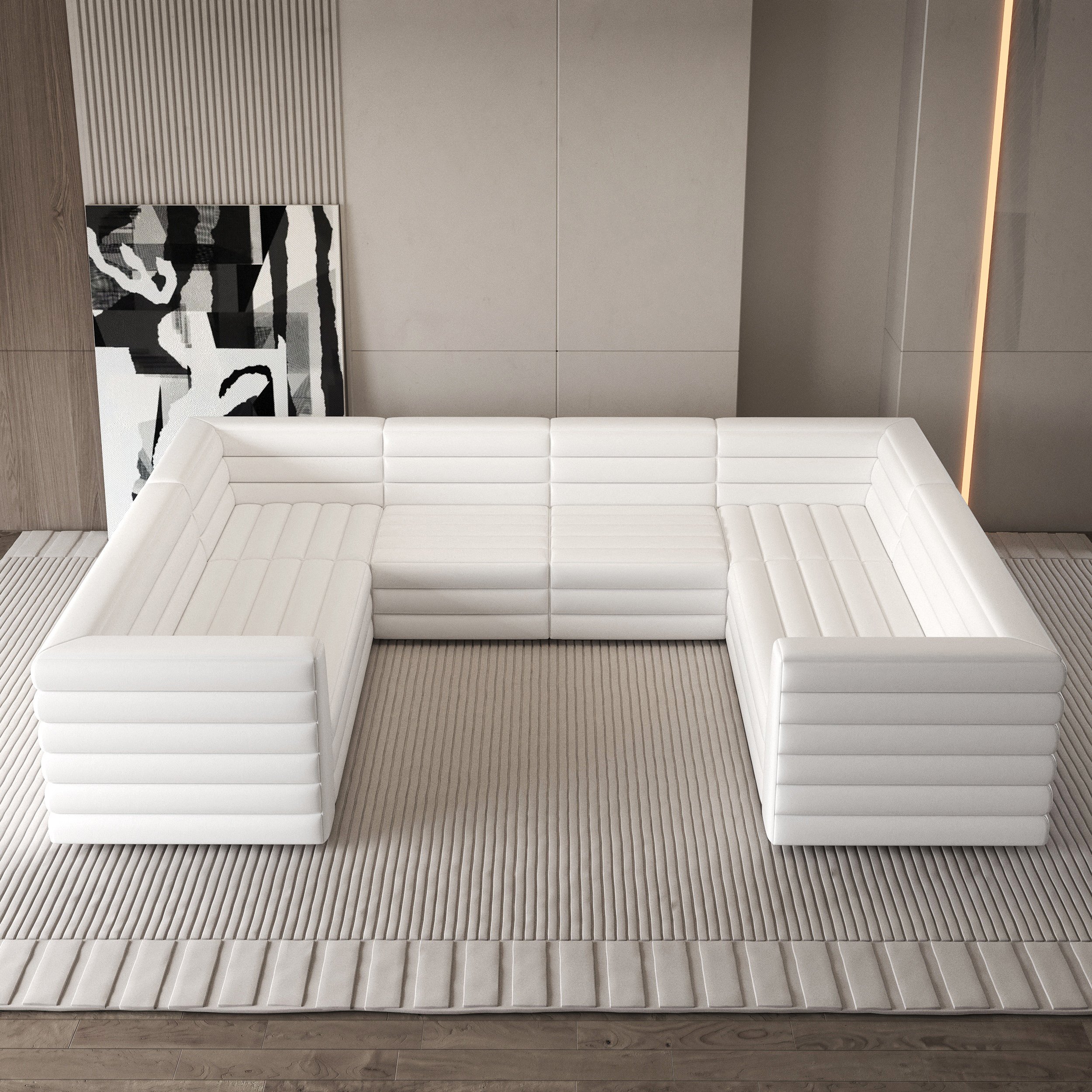 HMR 126" U-Shaped Modern Modular Sectional Sofa for 8 Seaters - White, Microfiber Leather