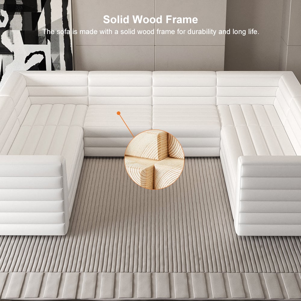 HMR 126" U-Shaped Modern Modular Sectional Sofa for 8 Seaters - White, Microfiber Leather