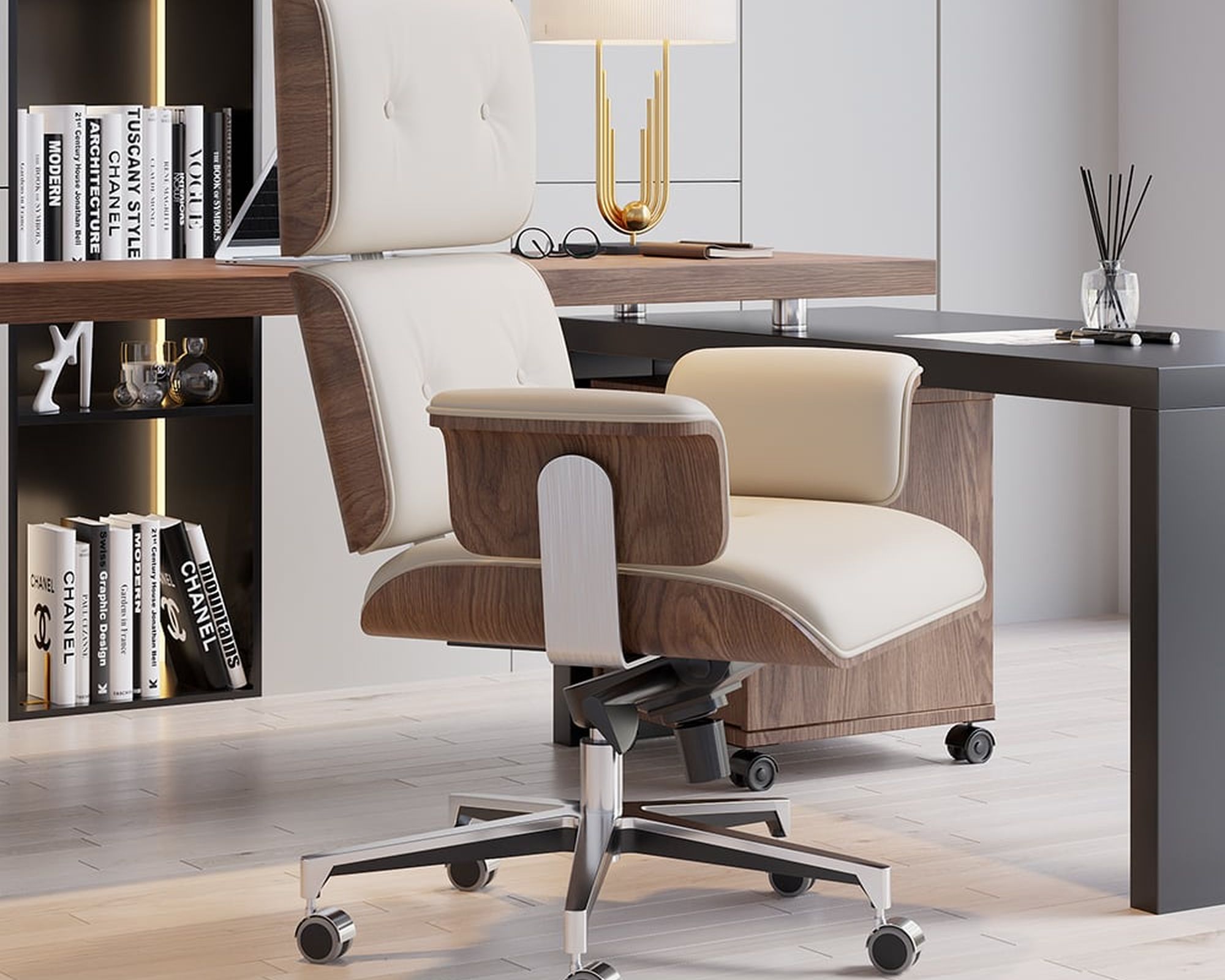 HMR - Modern Home Office Chair Swivel Upholstered Wooden Office Chair Adjustable Height