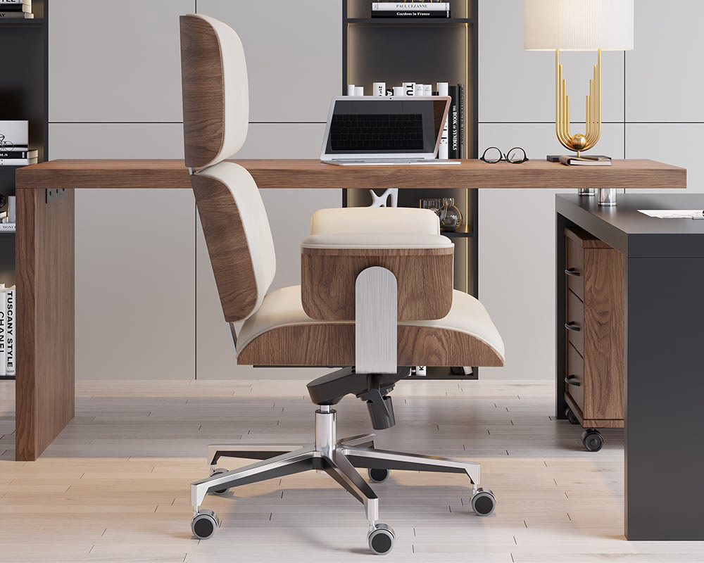 HMR - Modern Home Office Chair Swivel Upholstered Wooden Office Chair Adjustable Height