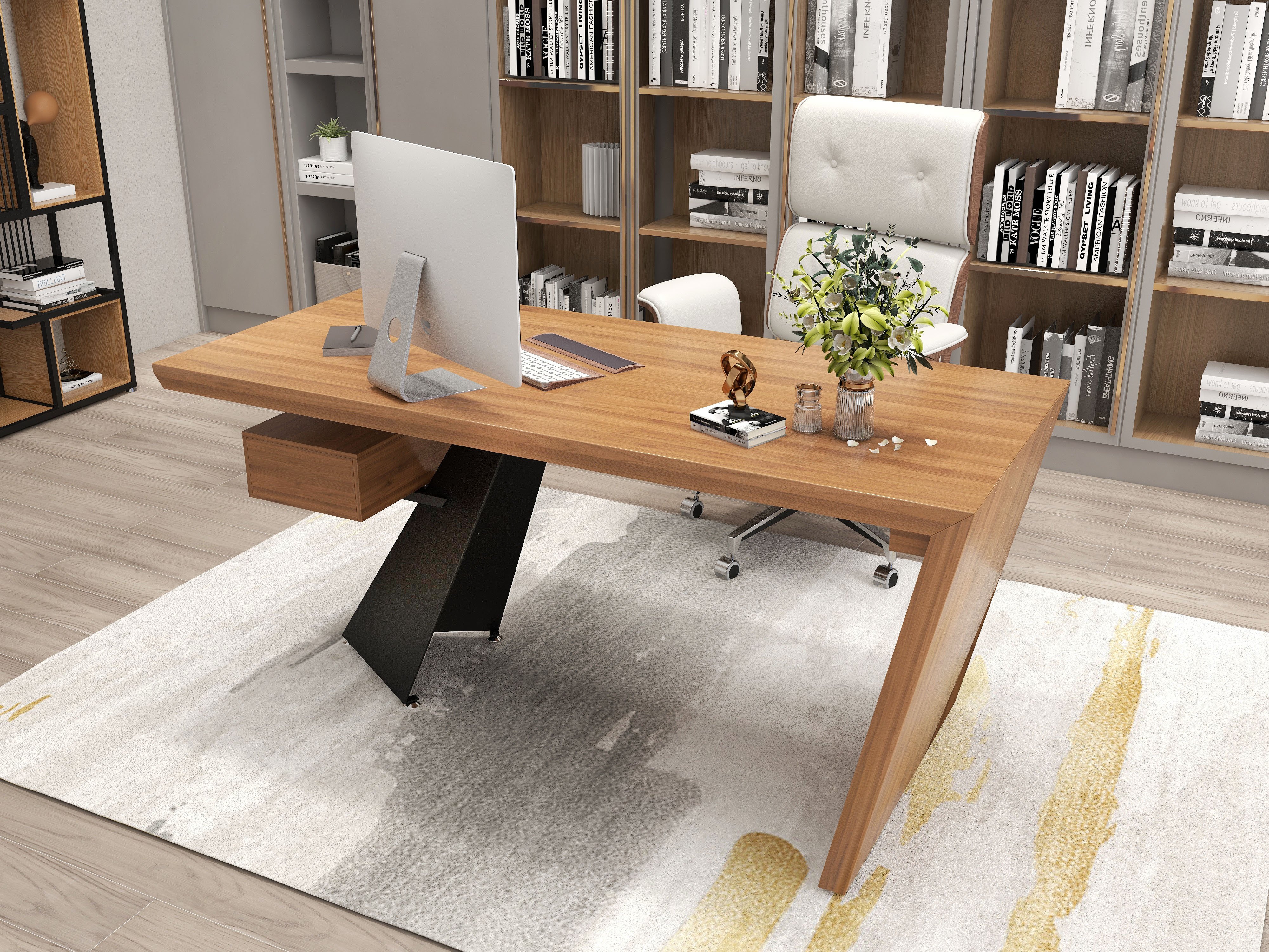 HMR - Modern Home Office Chair Swivel Upholstered Wooden Office Chair Adjustable Height