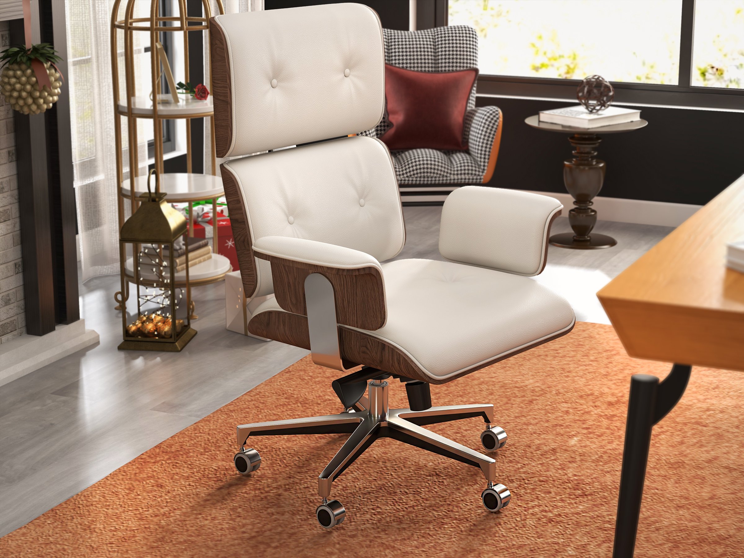 HMR - Modern Home Office Chair Swivel Upholstered Wooden Office Chair Adjustable Height