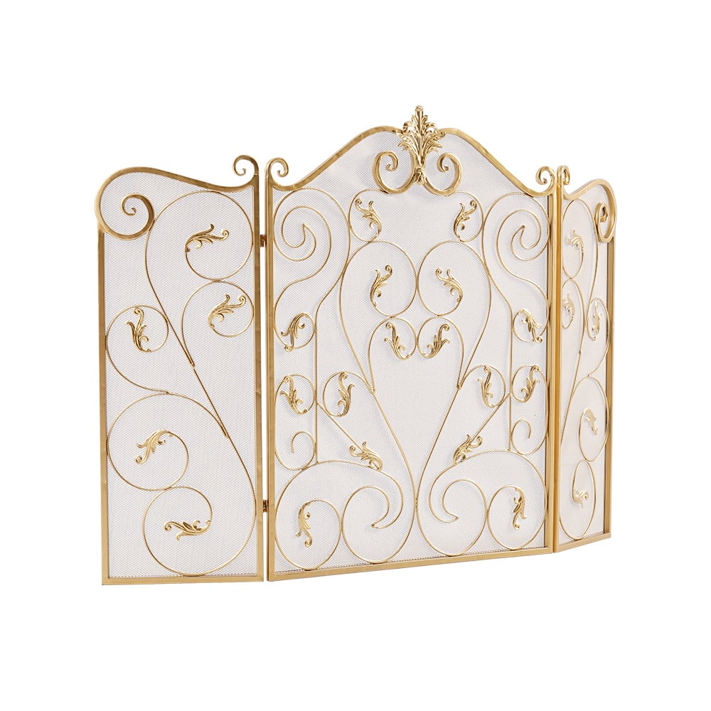 HMR - Retro Gold 3-Panel Foldable Scroll Fireplace Screen with Acanthus Leaf Metal