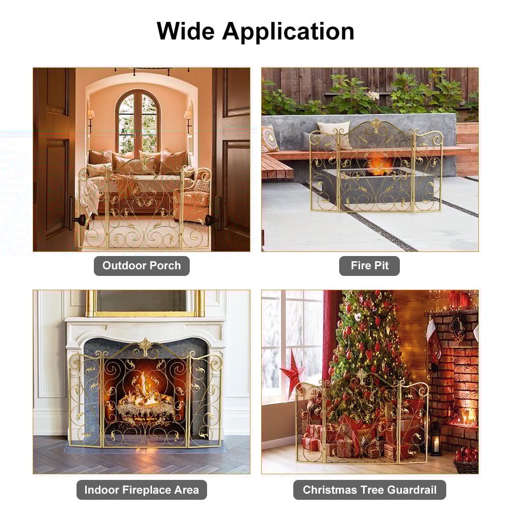 HMR - Retro Gold 3-Panel Foldable Scroll Fireplace Screen with Acanthus Leaf Metal
