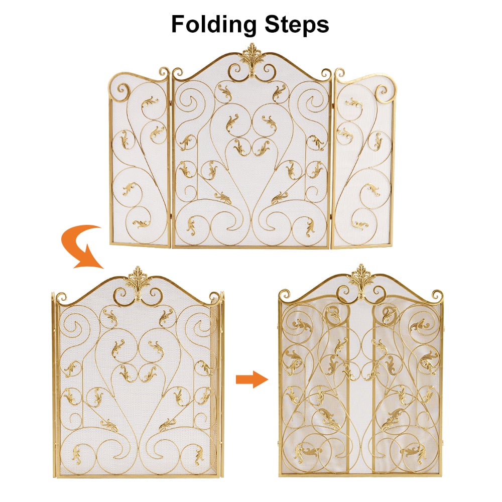 HMR - Retro Gold 3-Panel Foldable Scroll Fireplace Screen with Acanthus Leaf Metal