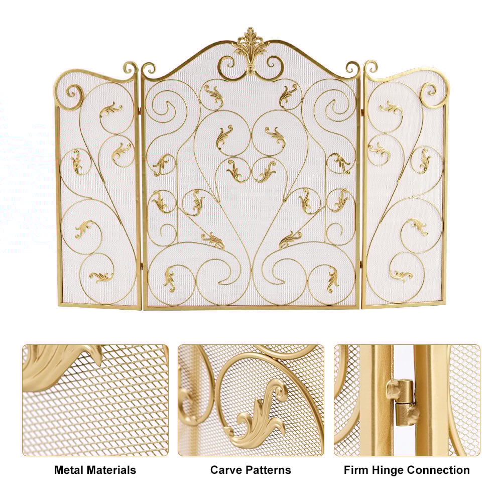 HMR - Retro Gold 3-Panel Foldable Scroll Fireplace Screen with Acanthus Leaf Metal