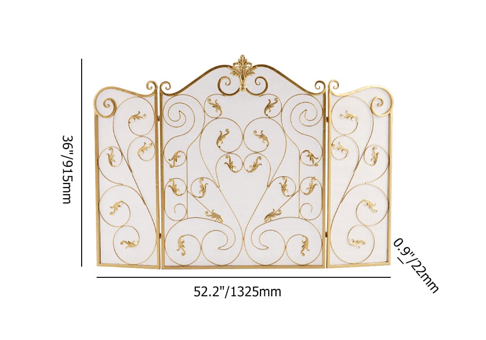 HMR - Retro Gold 3-Panel Foldable Scroll Fireplace Screen with Acanthus Leaf Metal