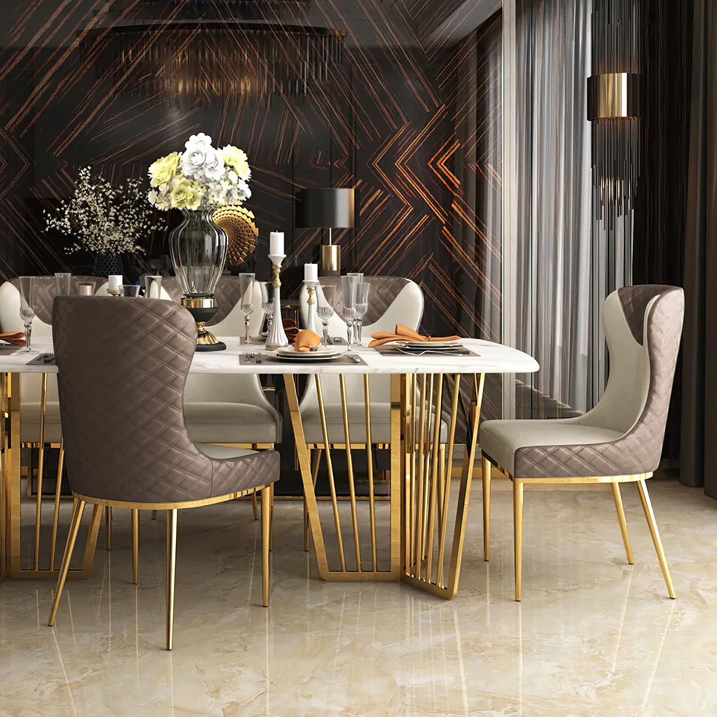 HMR Modern Dining Chairs with White PU Leather Upholstery - Brown, Set of 6