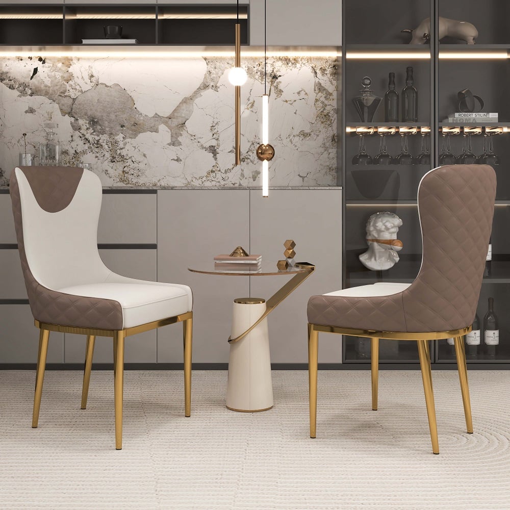 HMR Modern Dining Chairs with White PU Leather Upholstery - Brown, Set of 6