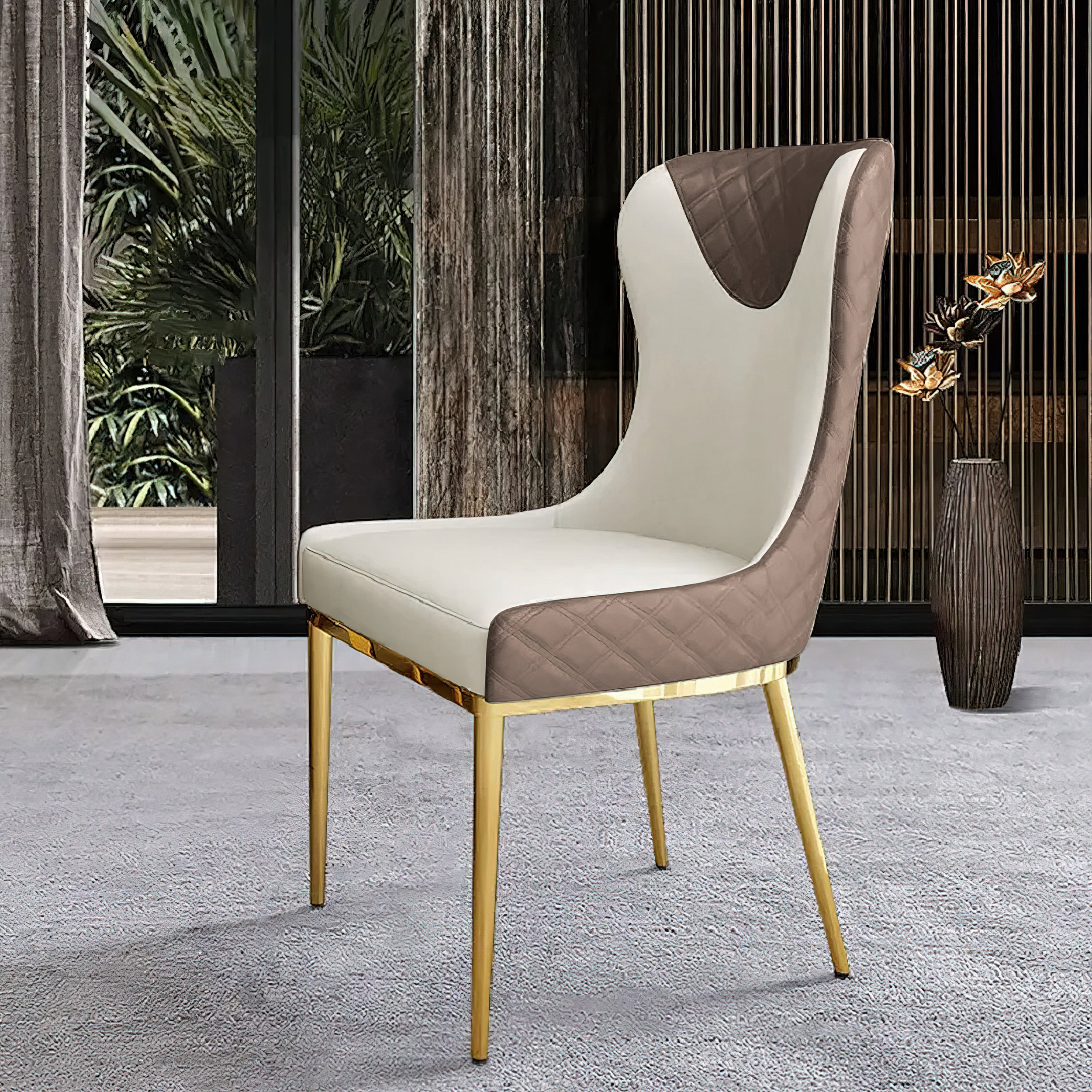 HMR Modern Dining Chairs with White PU Leather Upholstery - Brown, Set of 6