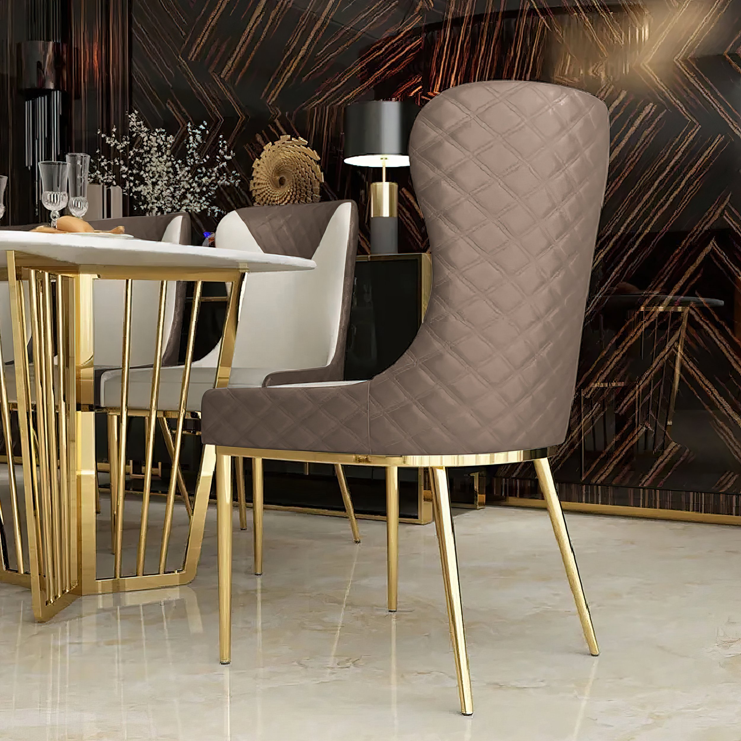 HMR Modern Dining Chairs with White PU Leather Upholstery - Brown, Set of 6
