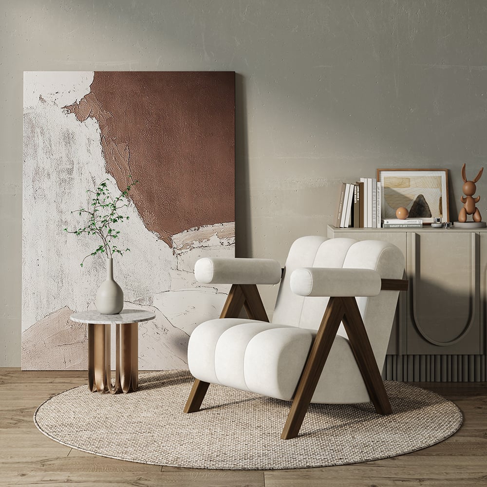 HMR - Japandi Beige Accent Chair Velvet Upholstery Armchair with Walnut Frame for Living Room