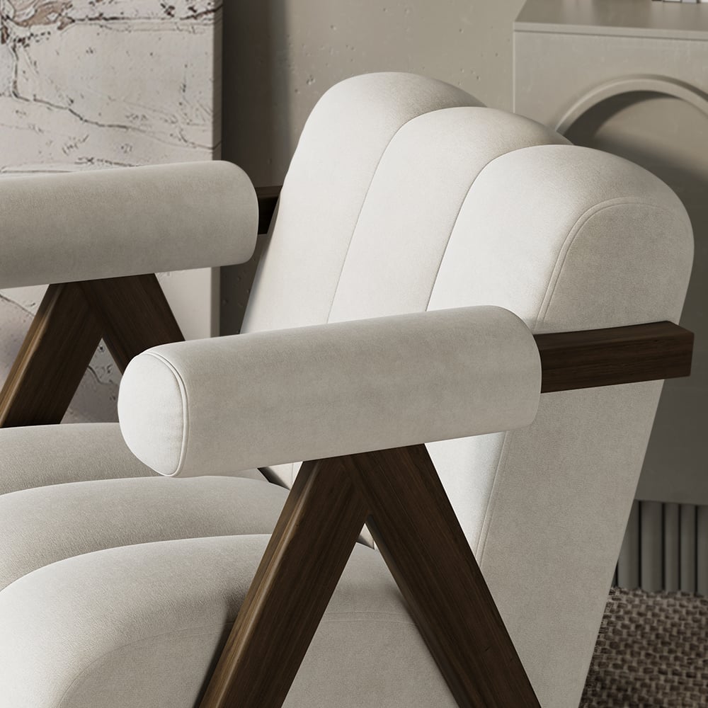 HMR - Japandi Beige Accent Chair Velvet Upholstery Armchair with Walnut Frame for Living Room