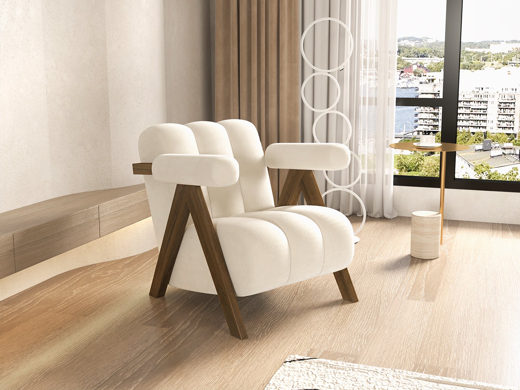 HMR - Japandi Beige Accent Chair Velvet Upholstery Armchair with Walnut Frame for Living Room