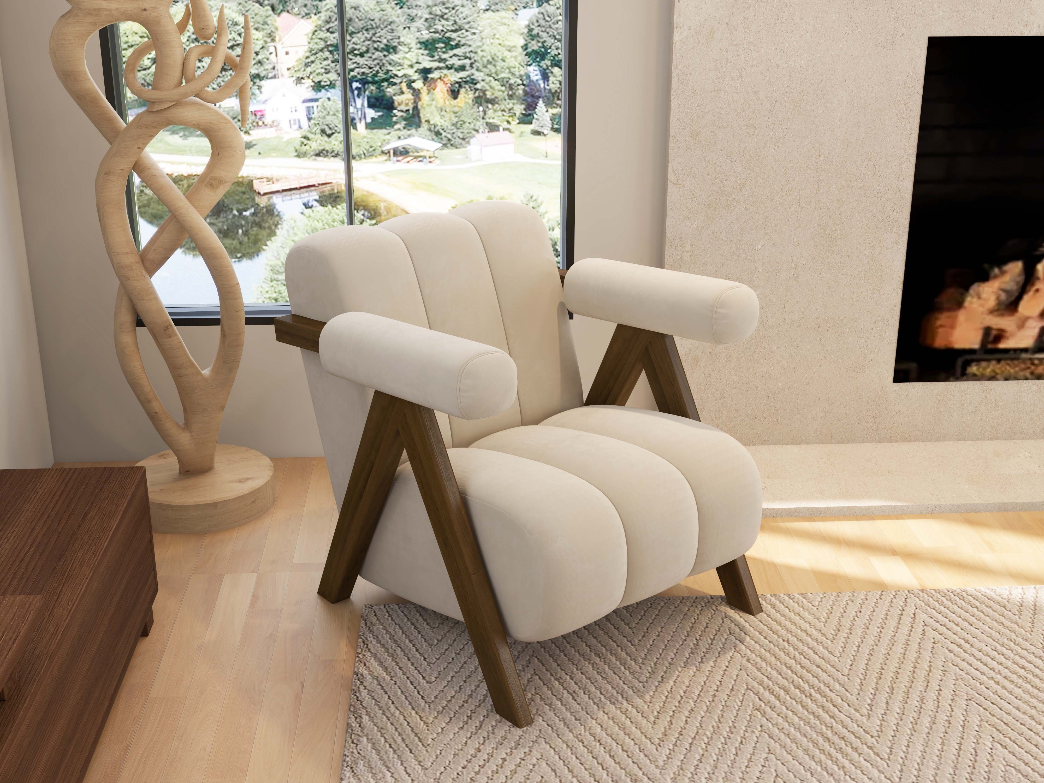 HMR - Japandi Beige Accent Chair Velvet Upholstery Armchair with Walnut Frame for Living Room