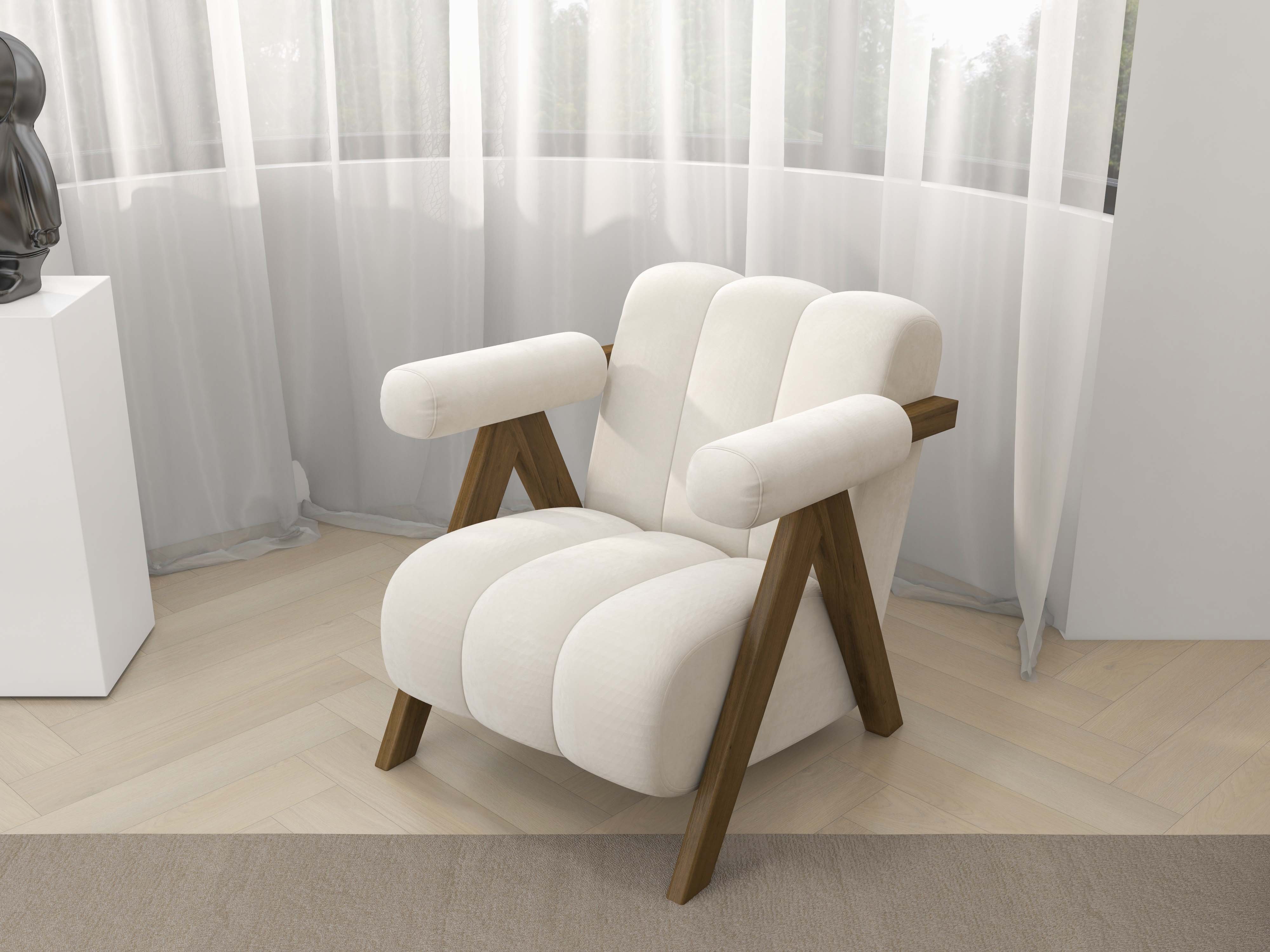 HMR - Japandi Beige Accent Chair Velvet Upholstery Armchair with Walnut Frame for Living Room