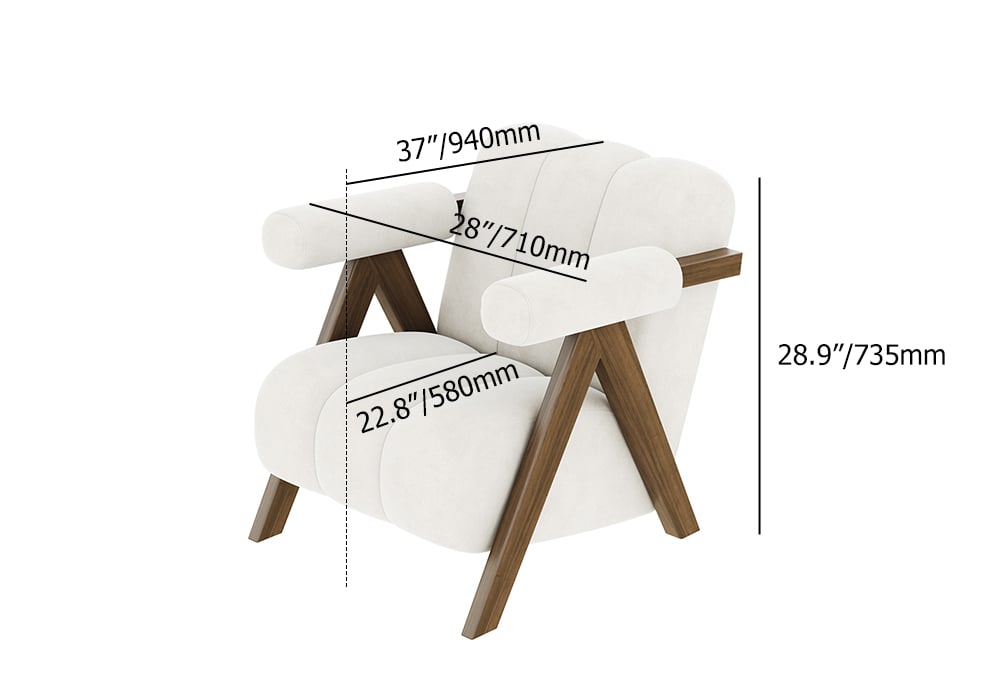 HMR - Japandi Beige Accent Chair Velvet Upholstery Armchair with Walnut Frame for Living Room