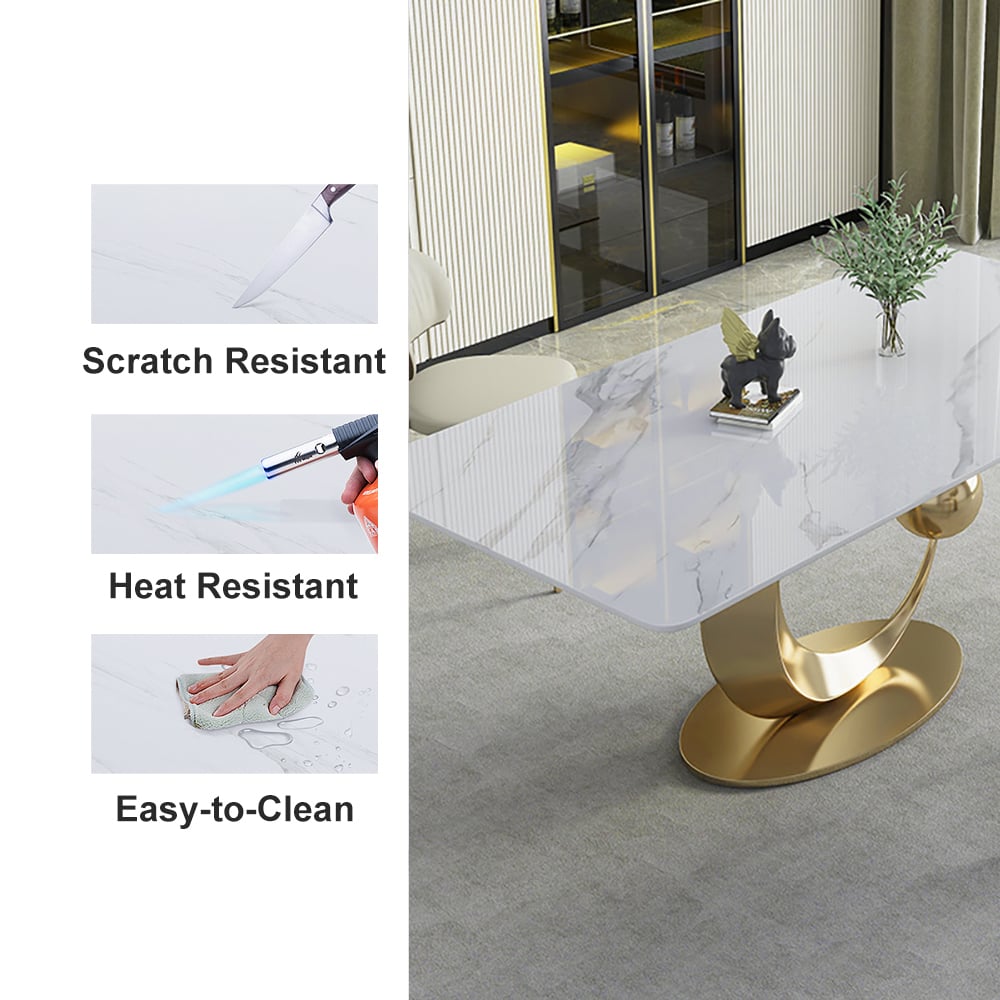 HMR - 71.3" Modern Style Rectangle Sintered Stone Dining Table Seats 6-8 People