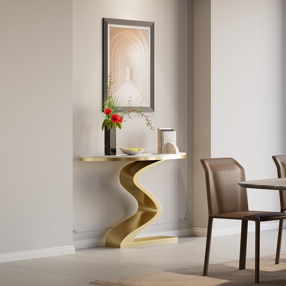 HMR Modern 39.4" Curved Console Table with Sintered Stone Top Half Moon Shape - White & Gold