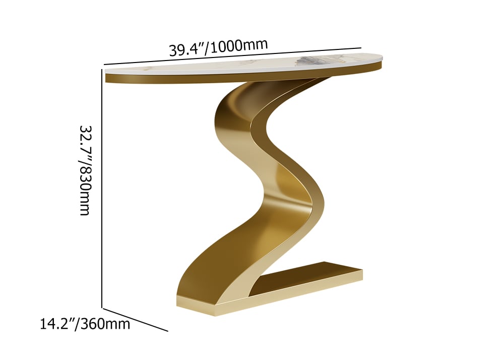HMR Modern 39.4" Curved Console Table with Sintered Stone Top Half Moon Shape - White & Gold