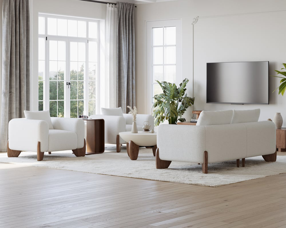 HMR Curva Living Room Set - White, With Coffee Table