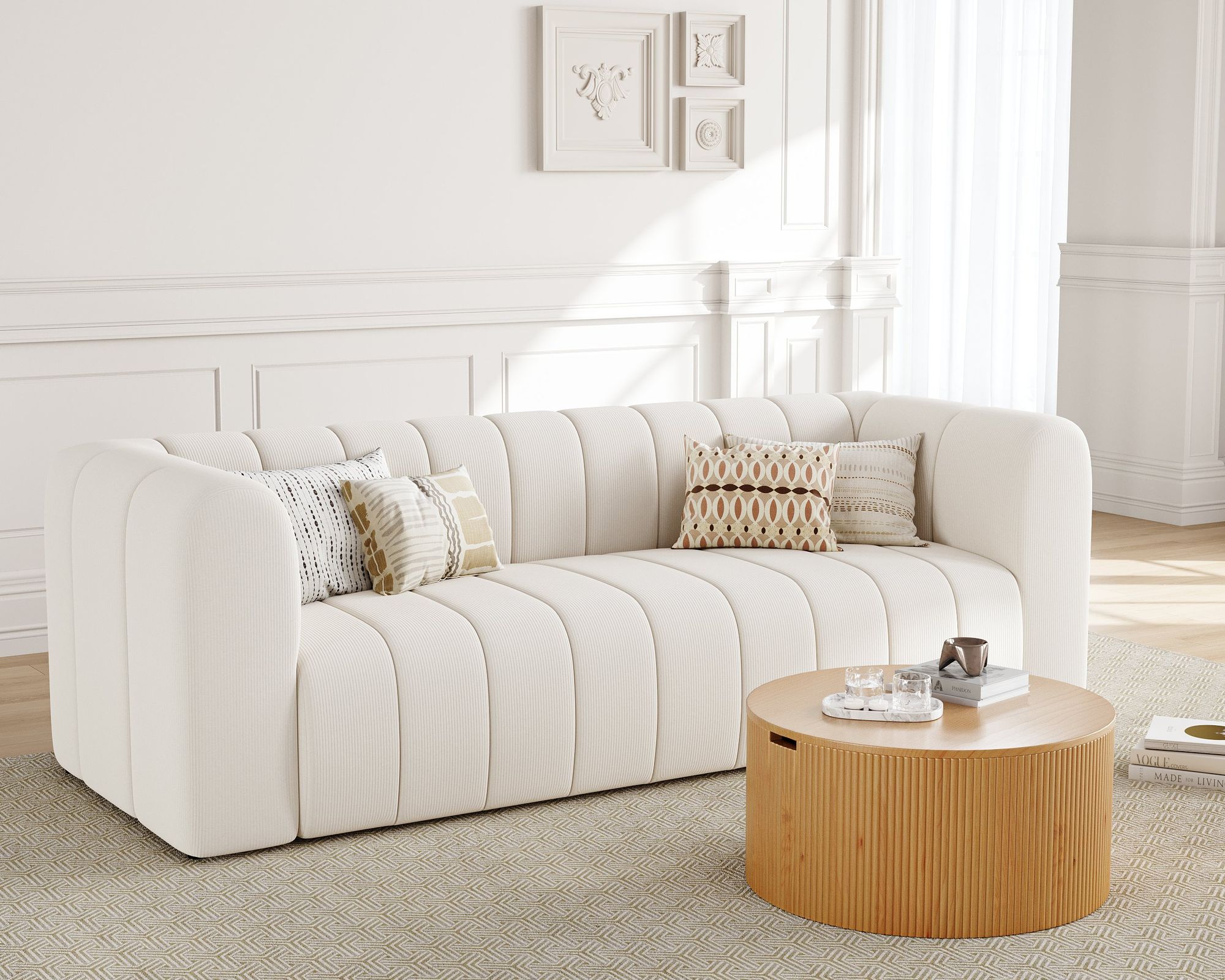 HMR Modern 3-Seater Sofa with Corduroy Upholstered - Off-White
