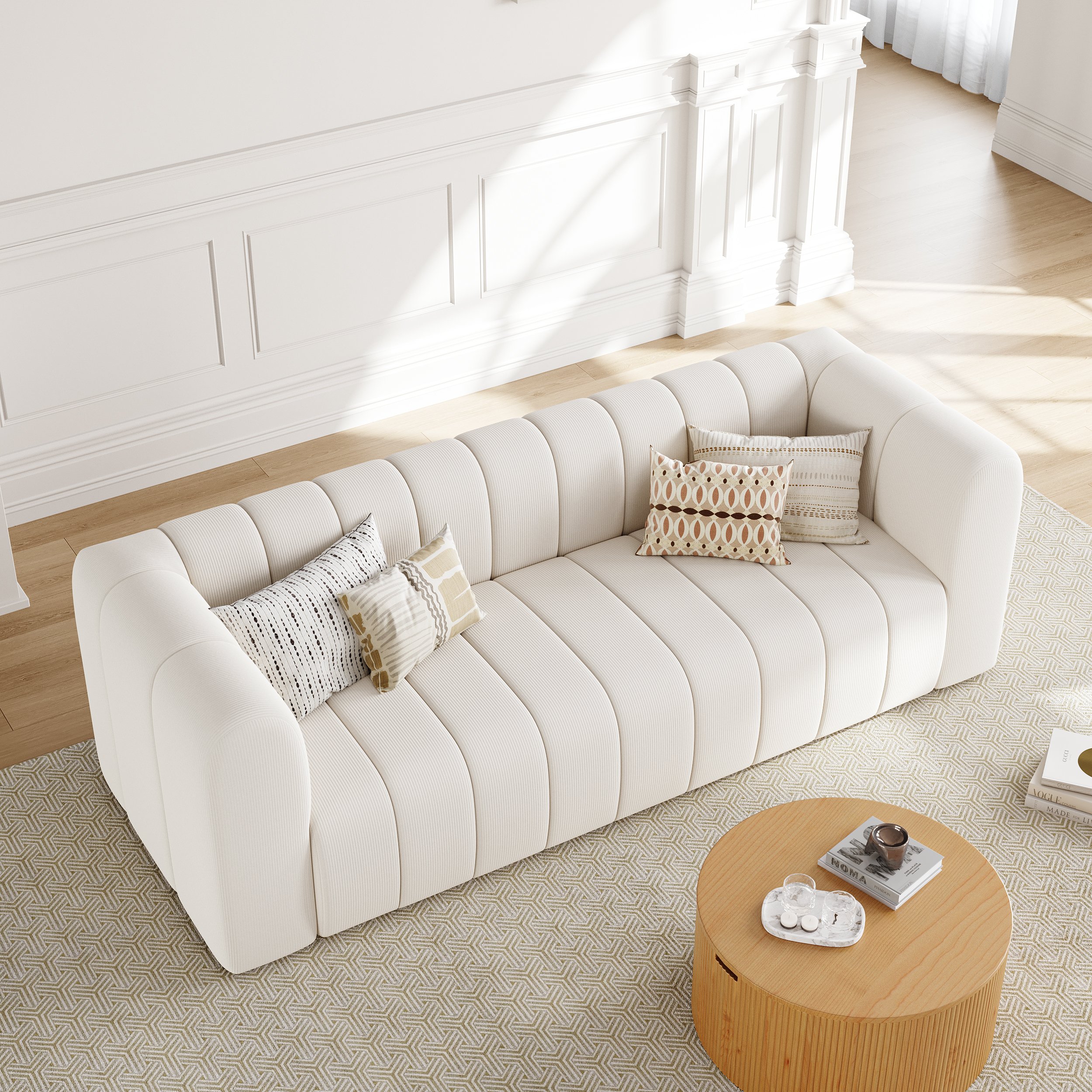 HMR Modern 3-Seater Sofa with Corduroy Upholstered - Off-White