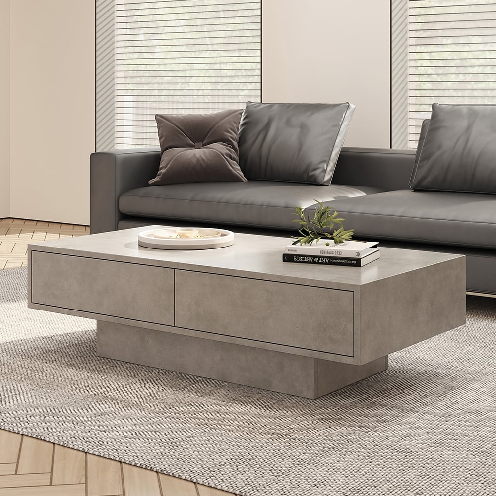 HMR - Japandi Rectangle Concrete Gray Coffee Table with 2 Drawers & Open Storage