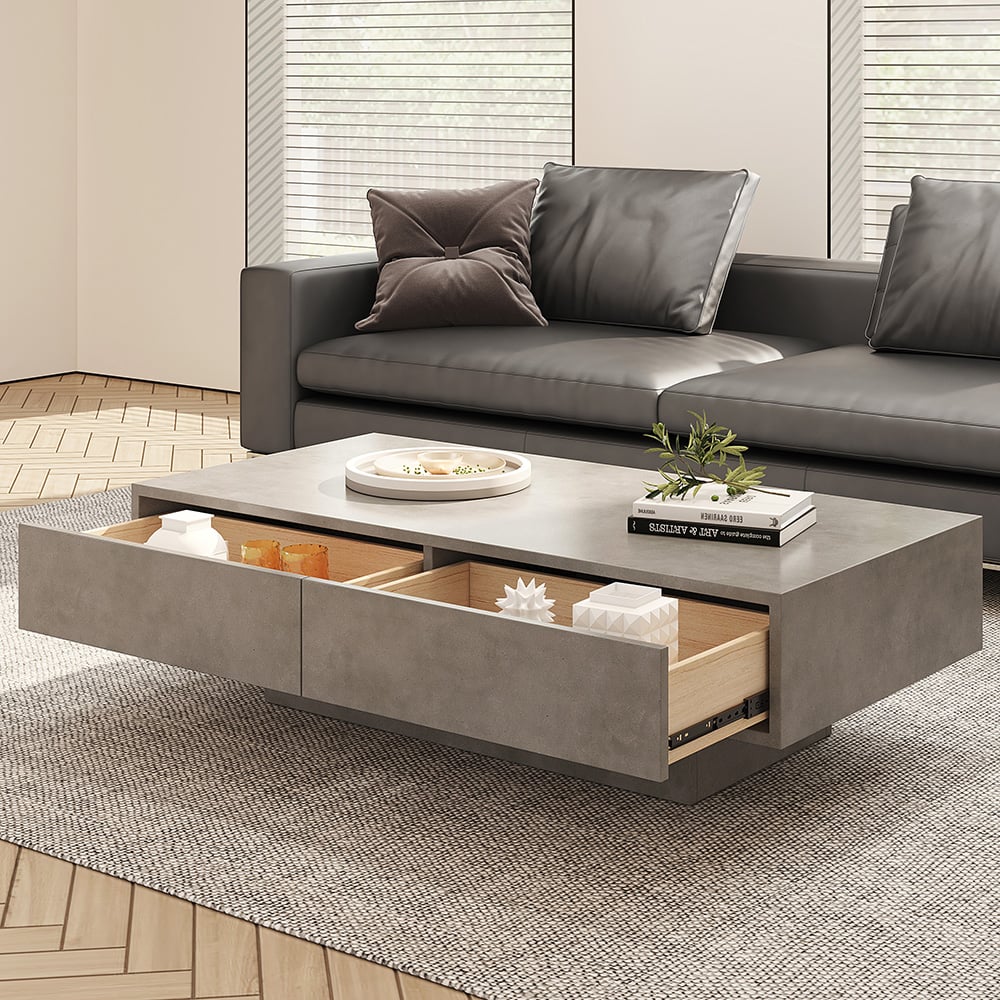 HMR - Japandi Rectangle Concrete Gray Coffee Table with 2 Drawers & Open Storage
