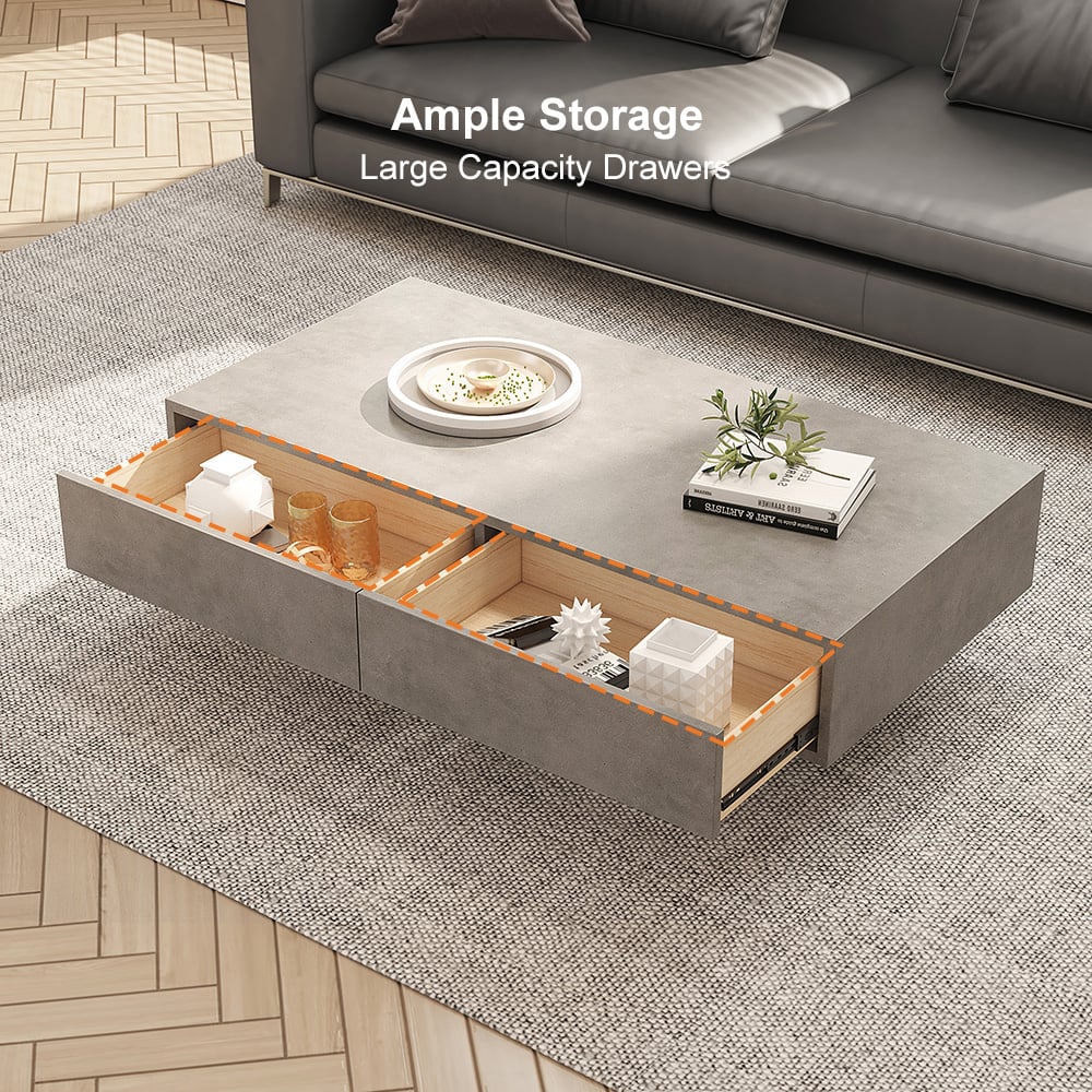 HMR - Japandi Rectangle Concrete Gray Coffee Table with 2 Drawers & Open Storage