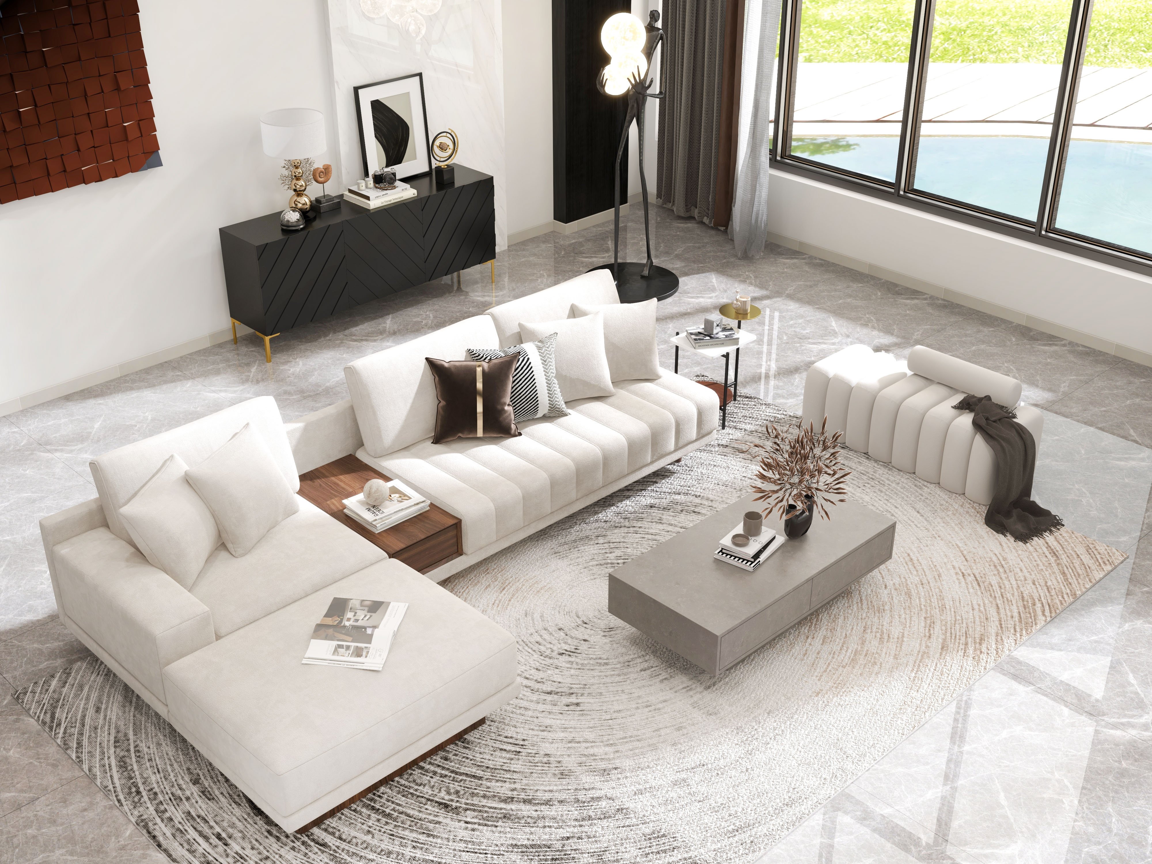 HMR - Japandi Rectangle Concrete Gray Coffee Table with 2 Drawers & Open Storage