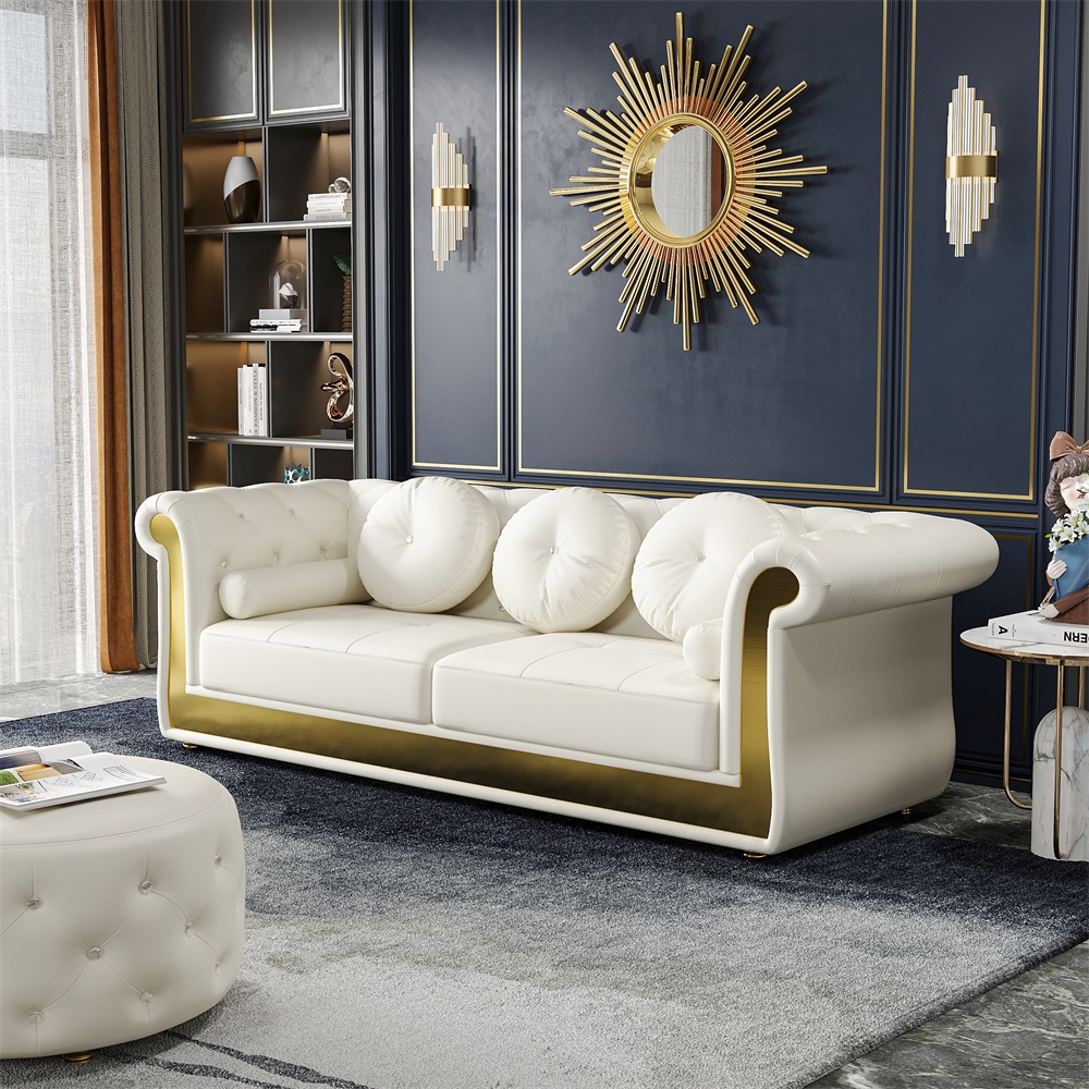 HMR - Dodiy 86.6" Modern Upholstered Tufted Leather 3-Seater Sofa with 5 Pillows White