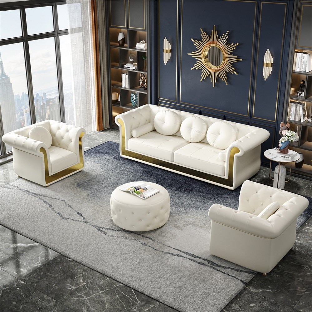 HMR - Dodiy 86.6" Modern Upholstered Tufted Leather 3-Seater Sofa with 5 Pillows White