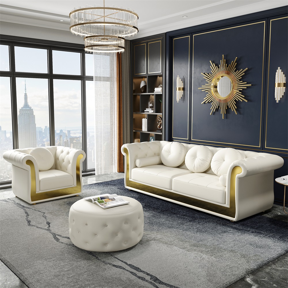 HMR - Dodiy 86.6" Modern Upholstered Tufted Leather 3-Seater Sofa with 5 Pillows White