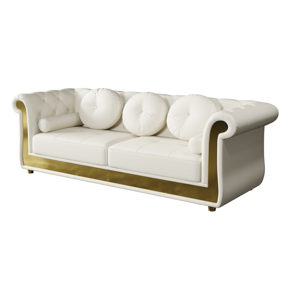 HMR - Dodiy 86.6" Modern Upholstered Tufted Leather 3-Seater Sofa with 5 Pillows White